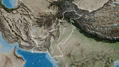 Pakistan sınır bölgesinin uydu haritasında yakın plan görüntüsü. Ana nokta. Ülke şekli etrafında özet geç. 