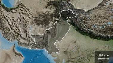 Pakistan sınır bölgesinin yakın çekimleri, uydu haritasında koyu bir örtüyle vurgulanıyor. Ana nokta. Ülke çapında bir taslak oluşturun. Ülkenin ve başkentinin İngilizce adı