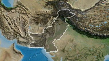 Pakistan sınır bölgesinin yakın çekimleri, uydu haritasında koyu bir örtüyle vurgulanıyor. Ana nokta. Ülke çapında parıltı. 