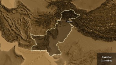 Pakistan sınır bölgesinin yakınından, sepia yükseklik haritasında koyu bir örtüyle vurgulanıyor. Ana nokta. Ülke çapında parıldıyor. Ülkenin ve başkentinin İngilizce adı