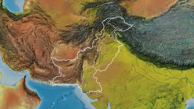 Pakistan sınırına ve bölgesel sınırlarına bir topoğrafik haritada yakın plan. Ana nokta. Ülke şekli etrafında özet geç. 