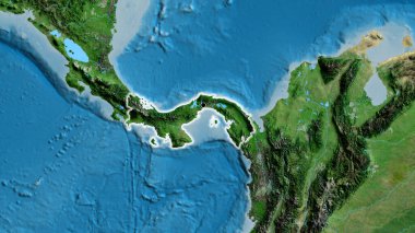 Panama sınır bölgesinin uydu haritasında yakın plan görüntüsü. Ana nokta. Ülke çapında parıltı. 