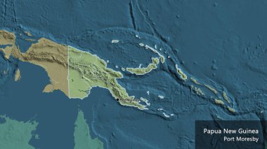 Papua Yeni Gine sınır bölgesinin ve bölgesel sınırlarının bir idari harita üzerinde yakın çekimleri. Ana nokta. Ülke çapında bir taslak oluşturun. Ülkenin ve başkentinin İngilizce adı