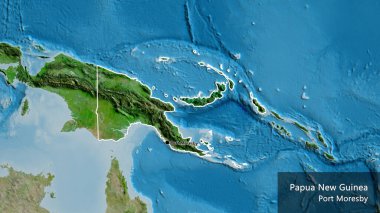 Papua Yeni Gine sınır bölgesinin uydu haritası üzerinde yakın çekim. Ana nokta. Ülke çapında bir taslak oluşturun. Ülkenin ve başkentinin İngilizce adı