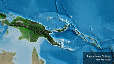 Papua Yeni Gine sınır bölgesinin uydu haritasında koyu bir örtüyle işaretlenmiş yakın çekimi. Ana nokta. Ülke çapında bir taslak oluşturun. Ülkenin ve başkentinin İngilizce adı