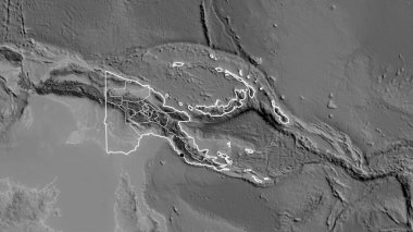 Papua Yeni Gine sınır bölgesinin ve bölgesel sınırlarının gri tonlu bir haritaya yakın çekimleri. Ana nokta. Ülke şekli etrafında özet geç. 