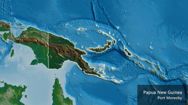 Papua Yeni Gine sınır bölgesinin yakın çekimleri fiziksel bir haritada koyu bir örtüyle vurgulanıyor. Ana nokta. Ülke çapında bir taslak oluşturun. Ülkenin ve başkentinin İngilizce adı