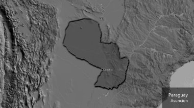 Paraguay sınır bölgesinin yakın çekimleri, bilek haritasında koyu bir örtüyle vurgulanıyor. Ana nokta. Kırsal kesimin kıvrımlı kenarları. Ülkenin ve başkentinin İngilizce adı
