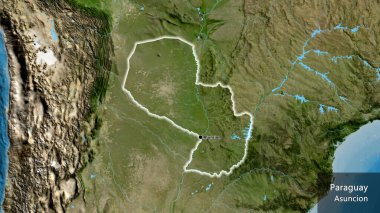 Paraguay sınır bölgesinin uydu haritasında yakın plan görüntüsü. Ana nokta. Ülke çapında parıldıyor. Ülkenin ve başkentinin İngilizce adı