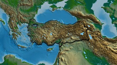 Fiziksel haritada Türkiye sınır bölgesinin yakın çekimleri. Ana nokta. Ülkenin kıvrımlı kenarları. 