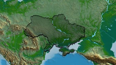 Ukrayna sınır bölgesinin yakın çekimleri fiziksel haritada koyu bir örtüyle vurgulanıyor. Ana nokta. Ülkenin kıvrımlı kenarları. 