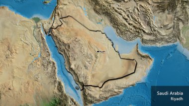 Suudi Arabistan sınırına bir uydu haritasında yakın plan. Ana nokta. Kırsal kesimin kıvrımlı kenarları. Ülkenin ve başkentinin İngilizce adı