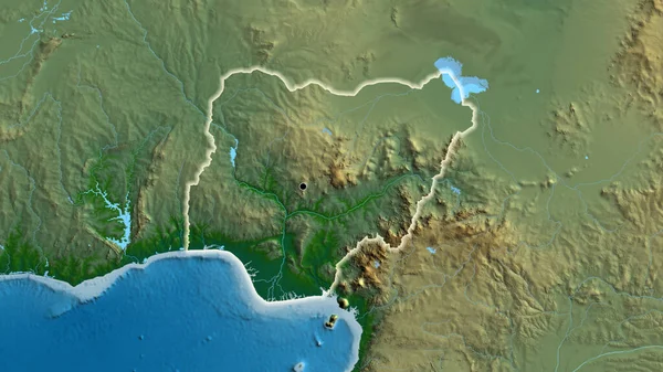 Närbild Nigers Gränsområde Fysisk Karta Huvudpunkt Glow Runt Landet Form — Stockfoto