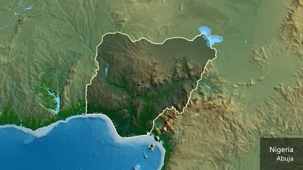 ニジェールの国境地帯のクローズアップは 物理的な地図上の暗いオーバーレイで強調されています 資本ポイント 国の形の周りの概要 英名国とその首都 — ストック写真