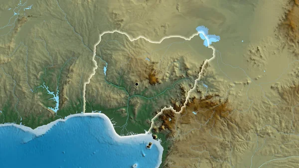 Närbild Det Nigeriska Gränsområdet Hjälpkarta Huvudpunkt Glow Runt Landet Form — Stockfoto