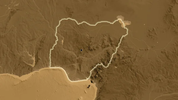 セピア標高地図上のニジェール国境地域の閉鎖 資本ポイント 全国に光る — ストック写真