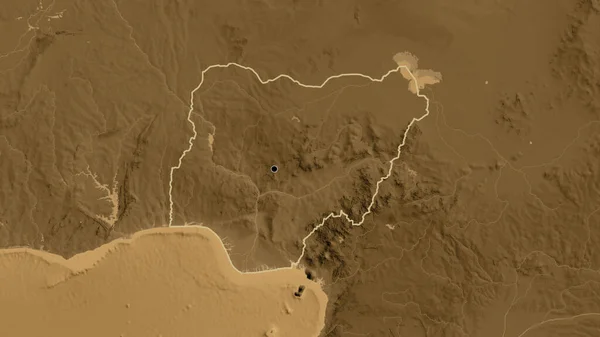 Gros Plan Frontière Nigérienne Sur Une Carte Altitude Sépia Point — Photo
