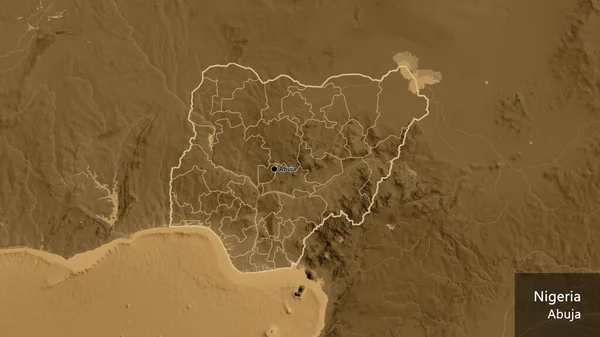 Bir Sepia Yükseklik Haritası Üzerinde Nijer Sınır Bölgesi Bölgesel Sınırlarına — Stok fotoğraf