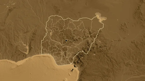 Close Área Fronteiriça Níger Suas Fronteiras Regionais Mapa Elevação Sépia — Fotografia de Stock