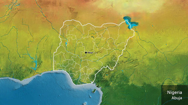 Close-up of the Niger border area and its regional borders on a topographic map. Capital point. Outline around the country shape. English name of the country and its capital