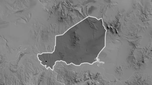 Close Niger Border Area Highlighting Dark Overlay Grayscale Map Capital — Stock Photo, Image