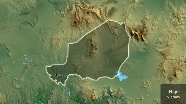 ニジェールの国境地帯のクローズアップは 物理的な地図上の暗いオーバーレイで強調されています 資本ポイント 国の形の周りに光る 英名国とその首都 — ストック写真