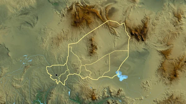 在一张救济地图上对尼日尔边境地区及其区域边界进行了密切监视 资本点 国家形貌概述 — 图库照片