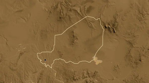 セピア標高地図上のニジェール国境地域の閉鎖 資本ポイント 全国の概要 — ストック写真