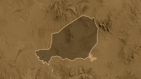 Närbild Det Nigeriska Gränsområdet Med Ett Mörkt Överdrag Sepiahöjdskarta Huvudpunkt — Stockfoto