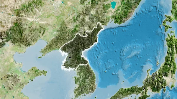 衛星地図上の暗いオーバーレイで強調北朝鮮国境地域のクローズアップ 資本ポイント 全国に光る — ストック写真