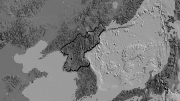 Nahaufnahme Des Nordkoreanischen Grenzgebiets Auf Einer Zweistufigen Karte Kapitalpunkt Abgeschrägte — Stockfoto