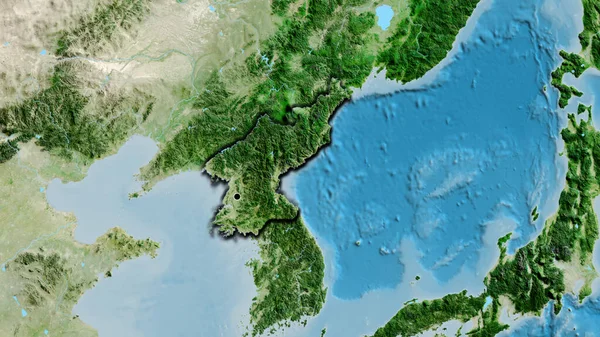 卫星地图上北朝鲜边境地区的特写 资本点 国家形状的斜边 — 图库照片