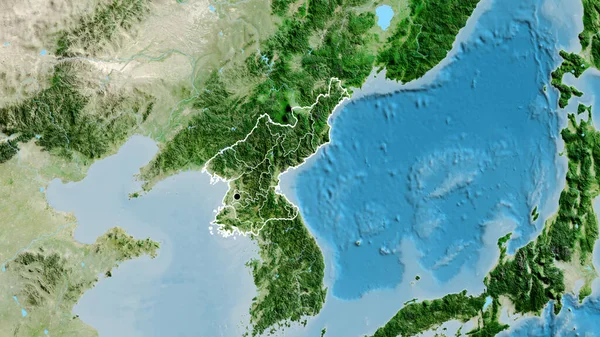 在卫星地图上密切监视北朝鲜边境地区及其区域边界 资本点 国家形貌概述 — 图库照片