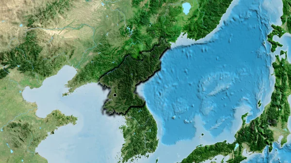 北朝鲜边境地区的特写镜头 用卫星地图上的黑暗阴影显示出来 资本点 国家形状的斜边 — 图库照片