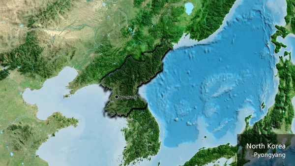 衛星地図上の暗いオーバーレイで強調北朝鮮国境地域のクローズアップ 資本ポイント 国の形の縁が隠されています 英名国とその首都 — ストック写真