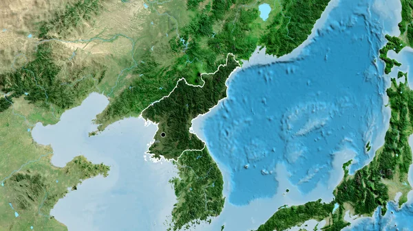 北朝鲜边境地区的特写镜头 用卫星地图上的黑暗阴影显示出来 资本点 国家形貌概述 — 图库照片