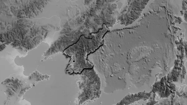 Közelkép Észak Koreai Határvidékről Egy Szürkeárnyalatos Térképen Remek Pont Ország — Stock Fotó