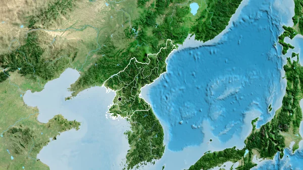 Close-up of the North Korea border area and its regional borders on a satellite map. Capital point. Outline around the country shape.