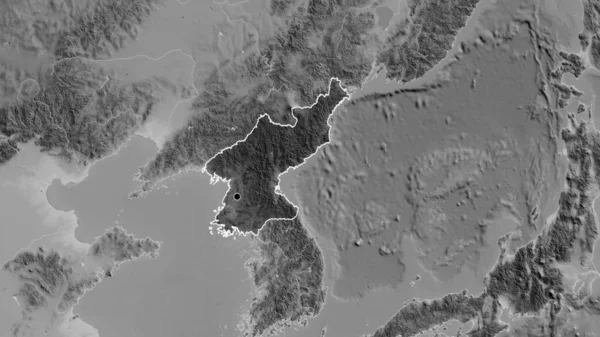 グレースケールの地図上に暗いオーバーレイで強調北朝鮮国境地域のクローズアップ 資本ポイント 全国の概要 — ストック写真
