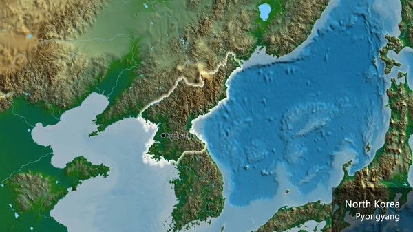 在一张实景地图上对北朝鲜边境地区进行的密切监视 资本点 风靡全国各地 国家及其首都的英文名称 — 图库照片