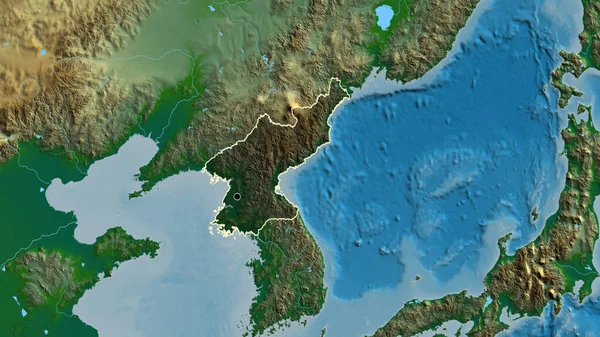 北朝鮮の国境地帯のクローズアップは 物理的な地図上の暗いオーバーレイで強調しています 資本ポイント 全国の概要 — ストック写真
