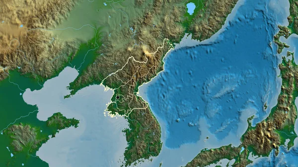 北朝鮮国境地域とその地域の境界線の物理的な地図上のクローズアップ 資本ポイント 全国の概要 — ストック写真