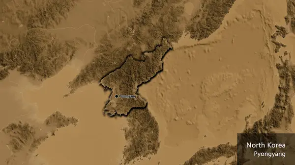 Close North Korea Border Area Sepia Elevation Map Capital Point — Stock Photo, Image