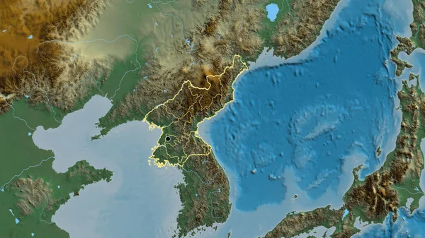 在一张解像图上对北朝鲜边境地区及其区域边界进行了密切监视 资本点 国家形貌概述 — 图库照片