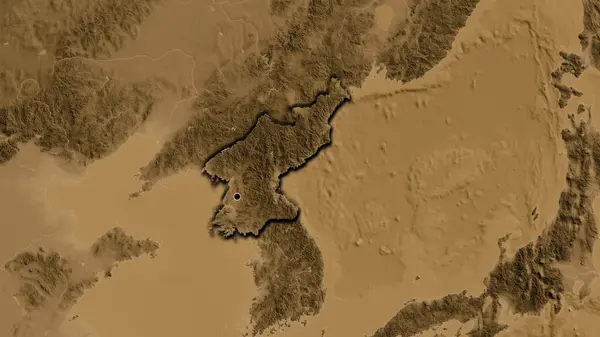 Detailní Záběr Pohraniční Oblasti Severní Koreje Mapě Nadmořské Výšky Sépie — Stock fotografie