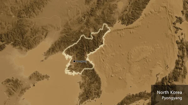 Close Área Fronteira Coreia Norte Mapa Elevação Sépia Ponto Capital — Fotografia de Stock