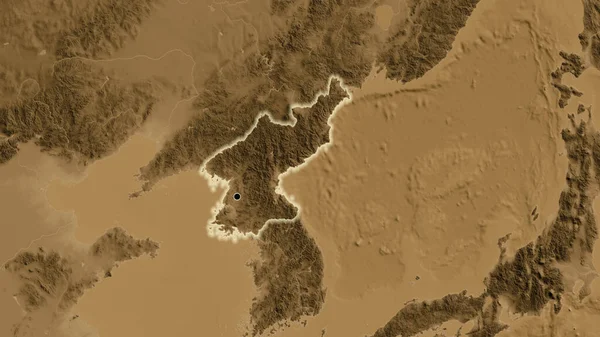 Kuzey Kore Sınır Bölgesinin Yakınındaki Sepya Yüksekliği Haritasında Ana Nokta — Stok fotoğraf
