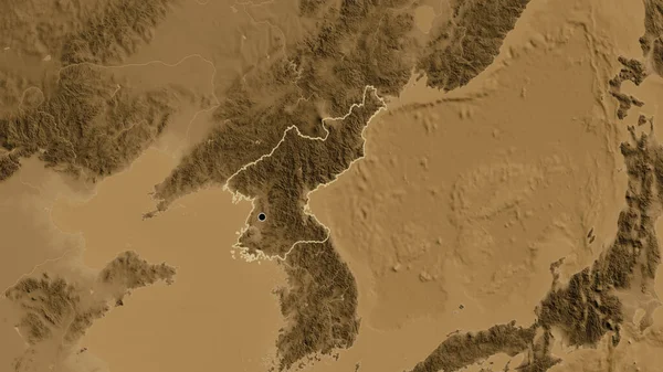 Zbliżenie Strefy Przygranicznej Korei Północnej Mapie Wzniesień Sepii Główny Punkt — Zdjęcie stockowe