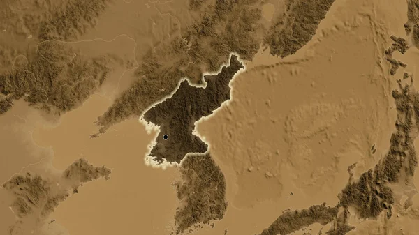 Zbliżenie Strefy Przygranicznej Korei Północnej Ciemnymi Nakładkami Mapę Wzniesień Sepii — Zdjęcie stockowe
