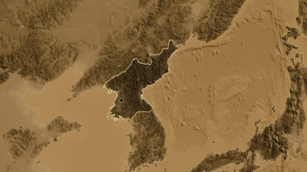 Close North Korea Border Area Highlighting Dark Overlay Sepia Elevation — Stock Photo, Image